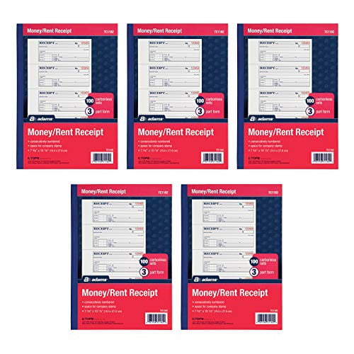 Carbonless 4 Receipts per Page 100 Sets per Book 3-Part White//Canary//Pink Bound Wraparound Cover 7-5//8 x 10-7//8 TC1182 New Adams Money and Rent Receipt Book